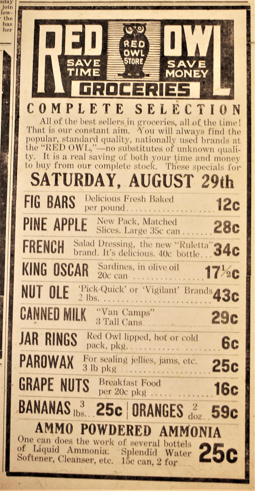 This ad from a 1925 Detroit Lakes newspaper shows not only the low prices of groceries from the local Red Own back then, but also the typical simple style of print ads back then.