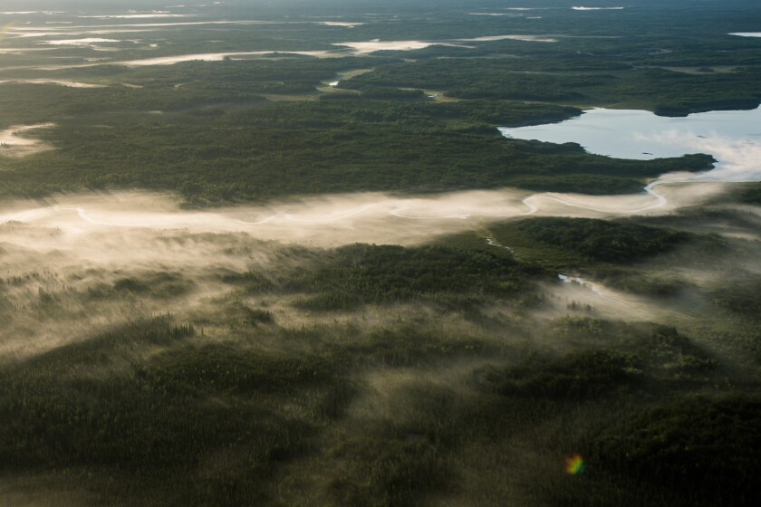 Wisps of fog rise from Atikaki Provincial Park on the flight to Shining Falls Lodge just after dawn July 13. (Joshua Komer/Grand Forks Herald)