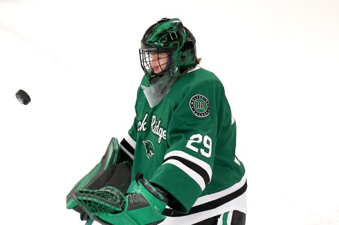 Goalie makes stop.