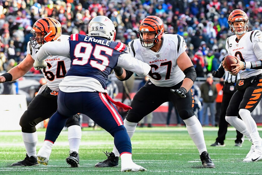 Cincinnati Bengals offensive tackle Cordell Volson (67) blocks during an  NFL divisional round playoff football game Sunday, Jan. 22, 2023, in  Orchard Park, NY. (AP Photo/Matt Durisko Stock Photo - Alamy