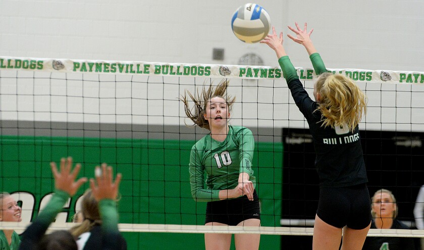 Litchfield senior Greta Hansen, 10, hits a shot by Paynesville's Maddie Frieler during a Section 3AA-North semifinal match on Tuesday, Nov. 1, 2022 at Paynesville.