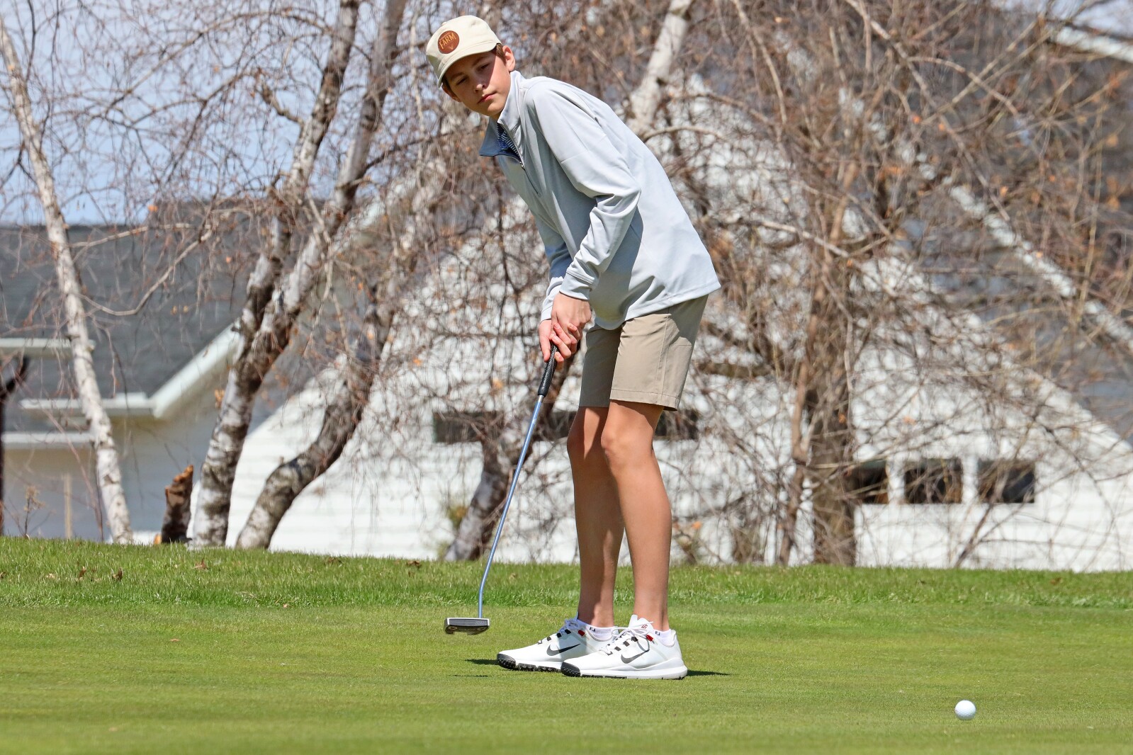 Pequot Lakes' Tollef Birkeland putts Wednesday, May 3, 2023, at Cragun's Legacy Courses.