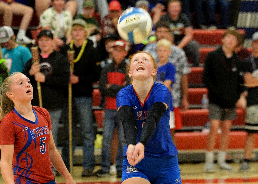 KMS senior Avery Joyce, middle, runs after the ball while junior Olivia Noble looks on during a Camden Conference match against CMCS on Thursday, Sept. 29, 2022 in Kerkhoven.