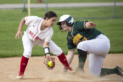 Willmar High School junior Hailie Smith attempts to tag out a Sauk Rapids athlete at second base during a Section 8AAA playoff game in Willmar on Tuesday, May 24, 2022.