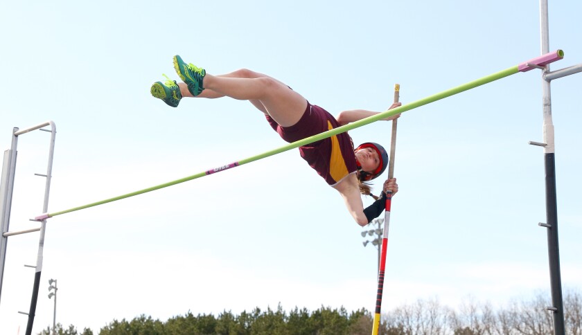Pillager’s Julia Johnson competes in the pole vault Thursday during the John Reimer Classic in Pillager. Kelly Humphrey / Brainerd Dispatch - Gallery and Video