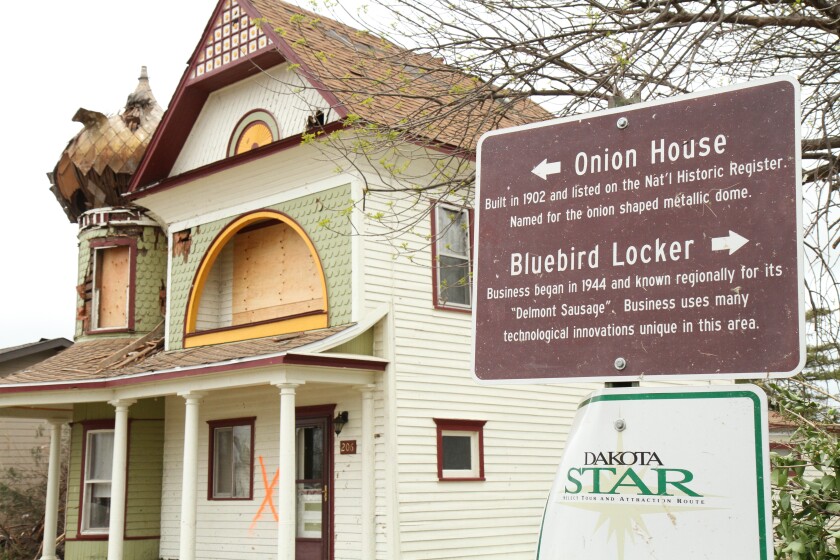 Delmont's historic Onion House is pictured following a May 2015 tornado blew through town. The Delmont Historical Society recently received a $20,000 grant to help fund restorations to the building. (Republic File photo)