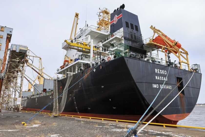 The 624-foot long bulk carrier, Resko, the first saltie to visit the Twin Ports in 2022, hosts ceremony.