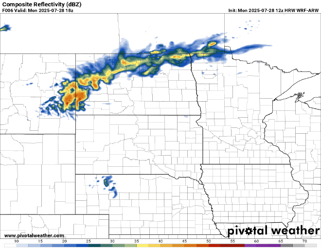 Pohybující se mapa očekávaného srážení přes Dakotas a Minnesota