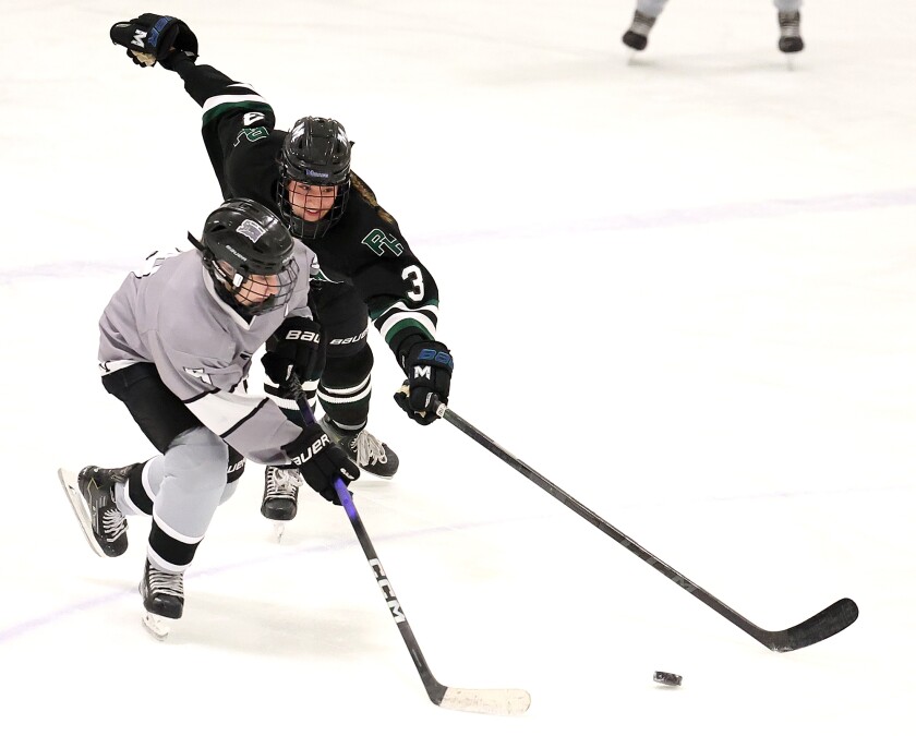 Players race to puck.