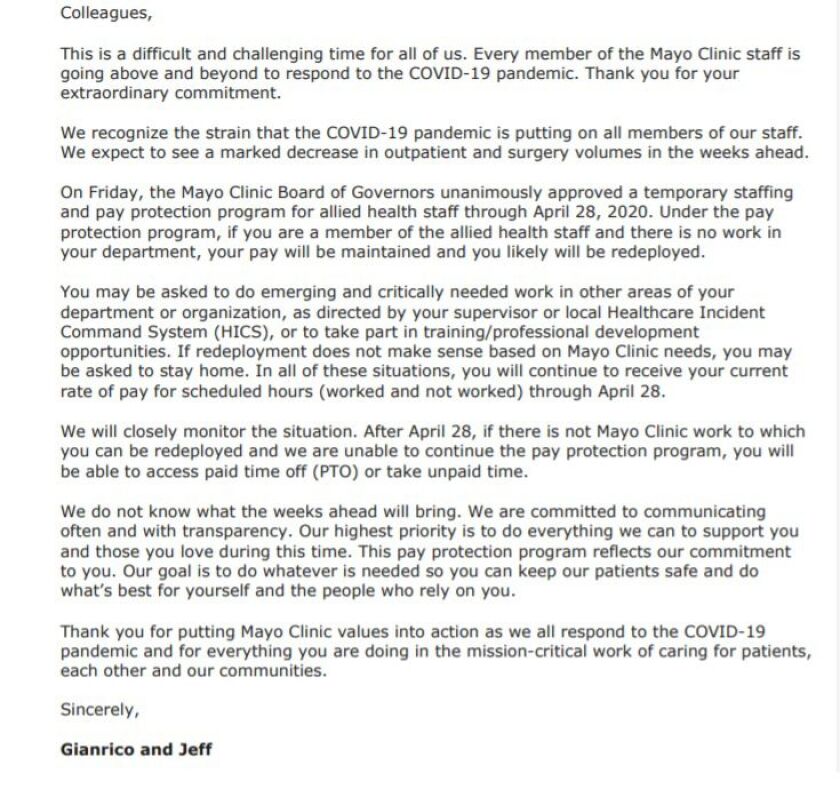 Mayo Clinic letter about employee pay protection