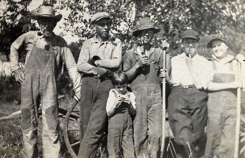Knute Thomas (left) is joined by Billie Kruger, Oscar Thomas, Mildred Oleyson, Florence Martin and Orville Thomas in this image.
