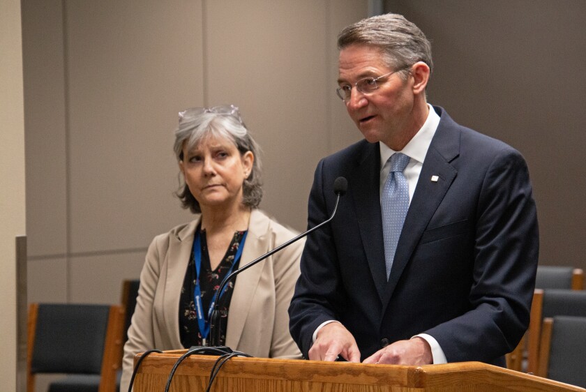 State Director of Gaming Deb McDaniel, left, and North Dakota Attorney General Drew Wrigley discuss proposed amendments to Senate Bill 2304, which would affect charitable gambling and electronic pull tab machines, on April 14, 2023, in a subcommittee meeting of the House Industry, Business and Labor Committee.