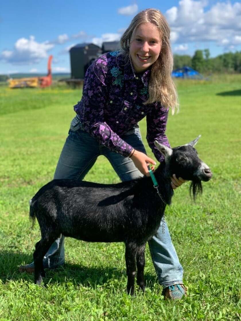 Girl, smiling, holds the collar of a small black goat as she stands in a grassy field.
