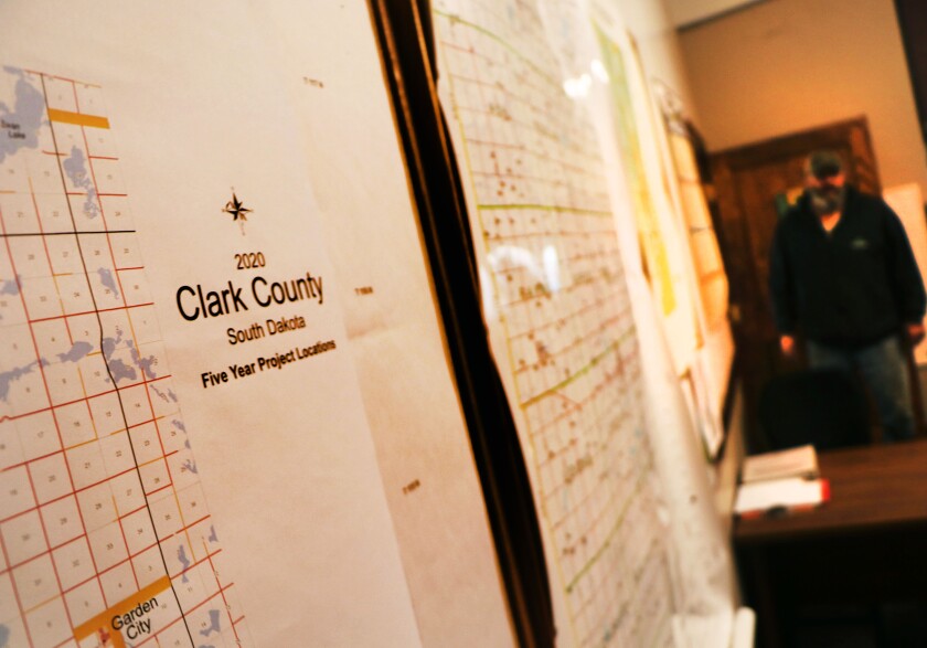 A map of Clark County properties hangs on the wall in the Clark County Commission chambers.