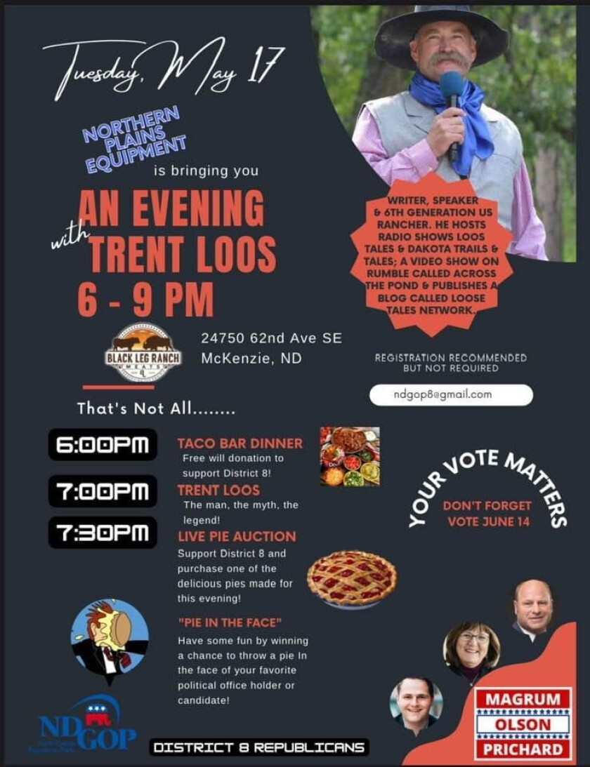 A flyer for a campaign event to be held by the District 8 NDGOP committee.