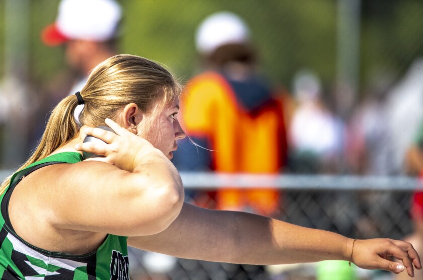Jaelyn Baseman of Litchfield prepares for her final shot put throw while competing in the Class AA state track and field championships at St. Michael on Saturday, June 11, 2022.