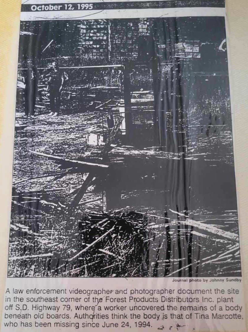 The wood pile at Forest Products Distributors near Rapid City, South Dakota, under which Tina Marcotte was found in October 1995, about 16 months after she disappeared..jpg