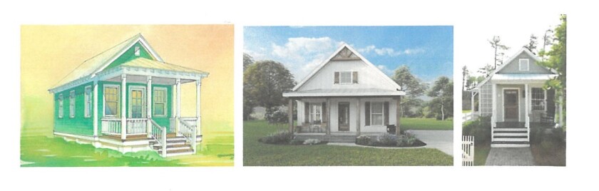 Drawings and photos of small homes or cottages.