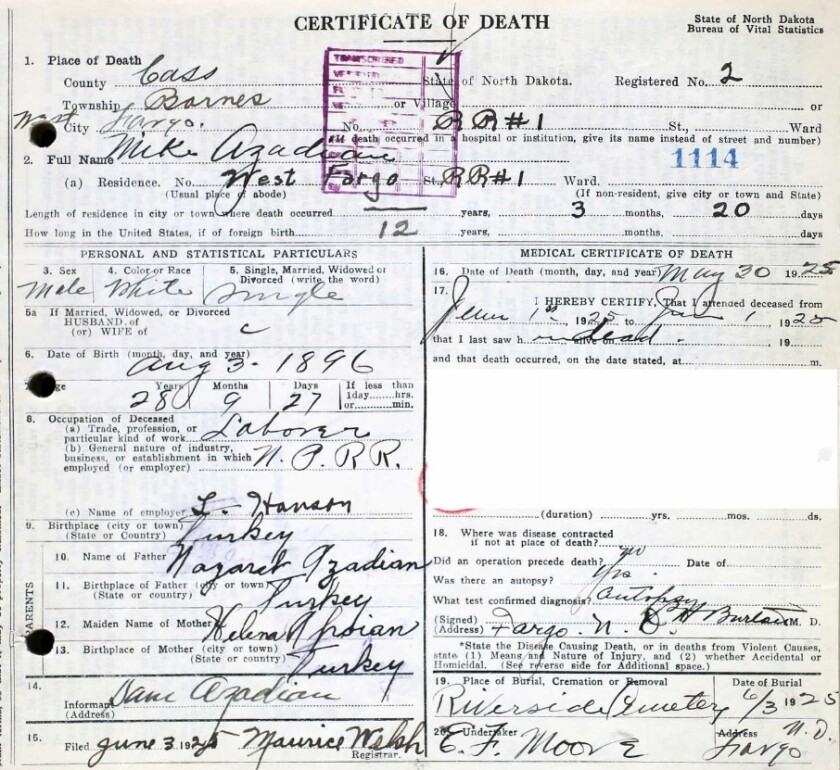 Mike Azadian's death certificate in 1925, listed his parents' names, his brother, as well the year he arrived in America..jpg