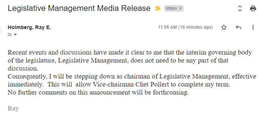 Holmberg legislative management resignation email