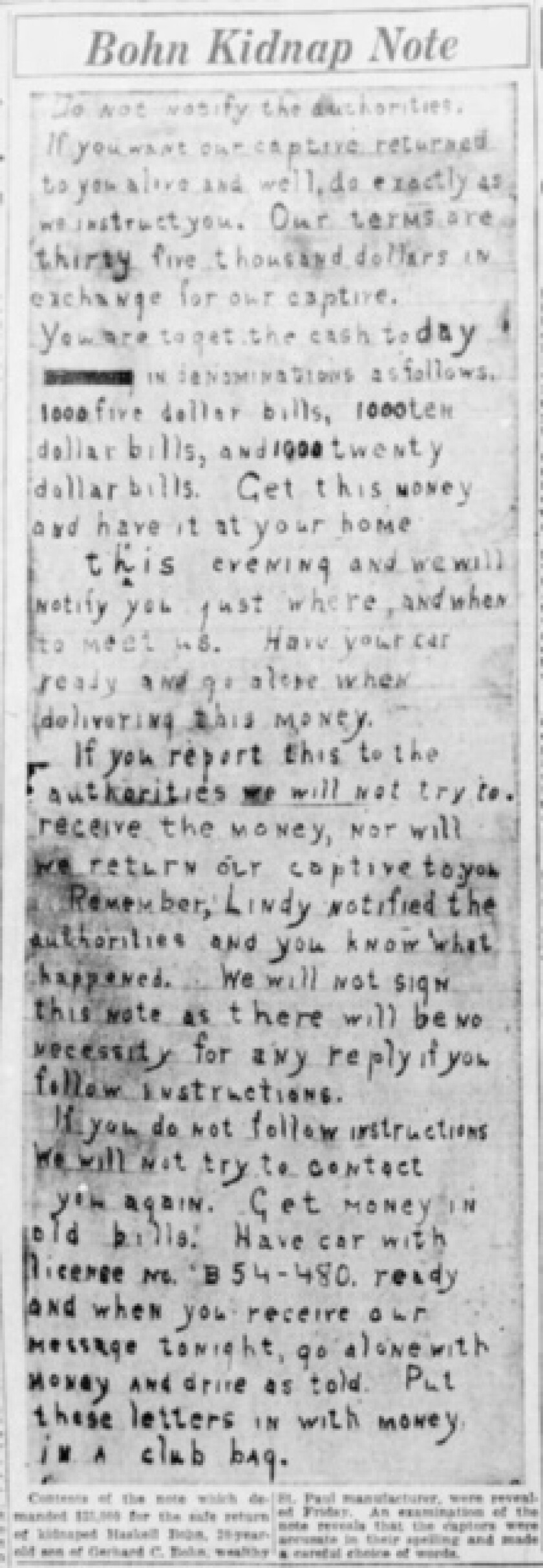 Pictured is the ransom note written by the Sankey Gang when they kidnapped Haskell Bohn from St. Paul in 1932.
