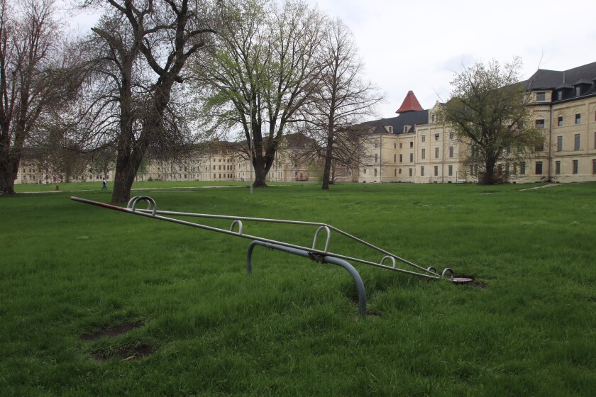 A teeter totter at the back of the Kirkbride Building on May 18, 2022.jpg