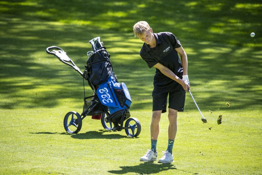 Brady Schwinghammer of BBE competes in the Section 5A golf championship at Eagle Creek Golf Course on Friday, May 27, 2022, in Willmar.