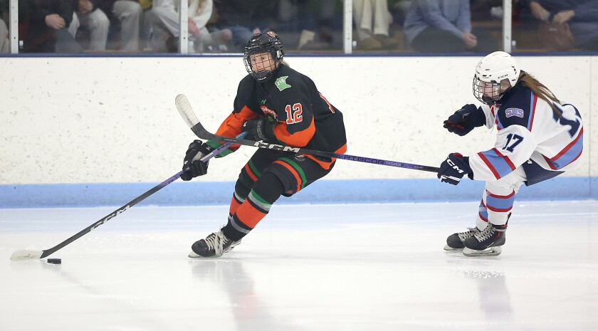 Player skates with puck.