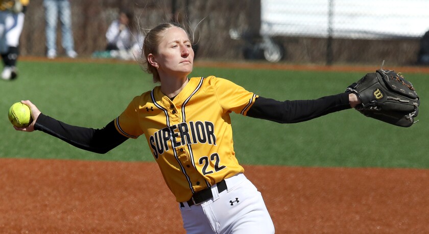 UW-Superior’s Tayler Kraemer (22) fires a pitch