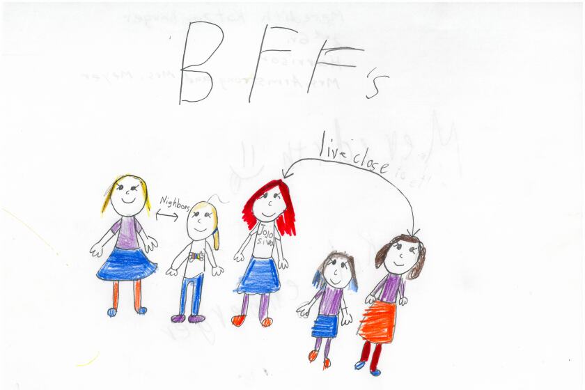 A drawing a five girls standing together.