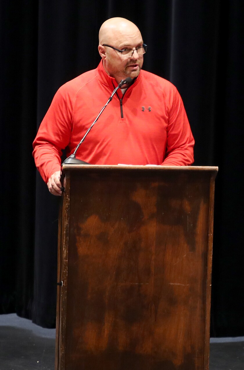 Former Spartan Activities Director Ray Kosey speaks during his Lifetime Contribution Award Induction to Superior High School’s Hall of Fame