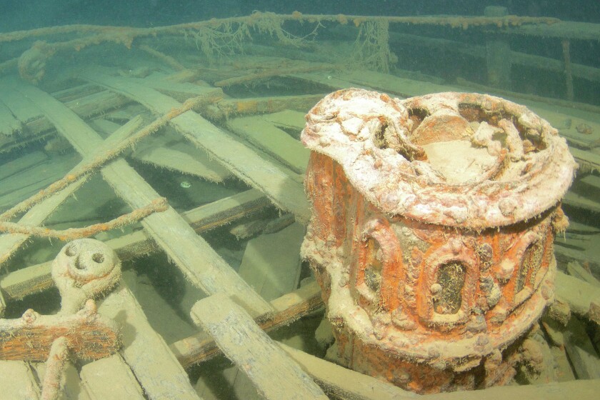 The remains of a heating stove and other debris can be seen on the deck of the wrecked J.S. Seaverns. The wreck is in Lake Superior near Michipicoten Harbor, Ontario. (Photo by Nick Lintgen)