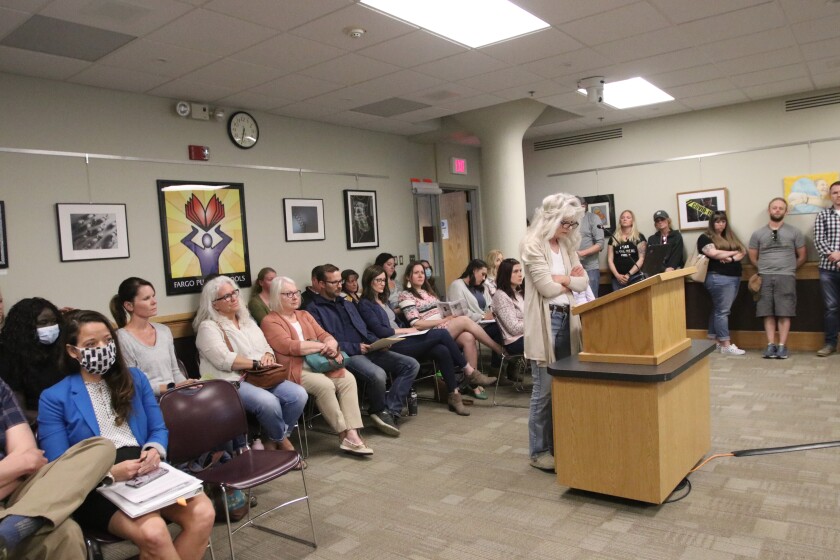 Fargo resident Kelly Turner speaks to the Fargo School Board about discontinuing mask wearing on Tuesday, May 11.jpg