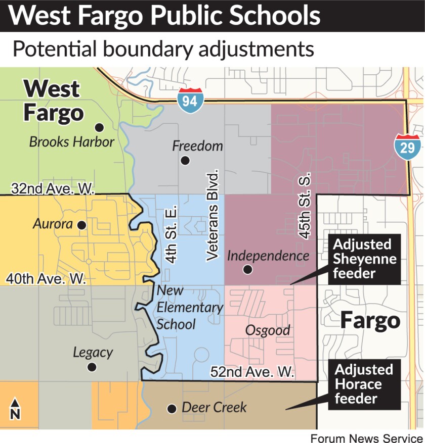 A map shows the proposed boundary adjustments within the West Fargo School District
