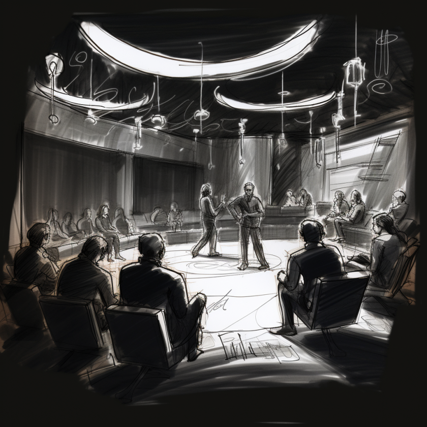 Black-and-white hand-drawn sketch of audience members sitting in the round watching performers in the center of a room. Theatrical decor elements hang from above.