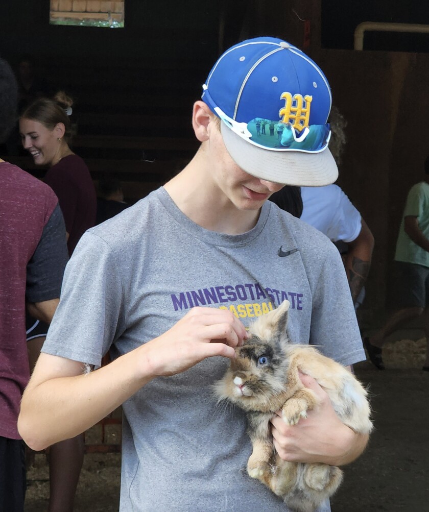 A participant in the 4-H Pet Show holds his rabbit Wednesday, Aug. 10, 2022, at the Jesse Oleson Pavilion during the Cottonwood County Fair.