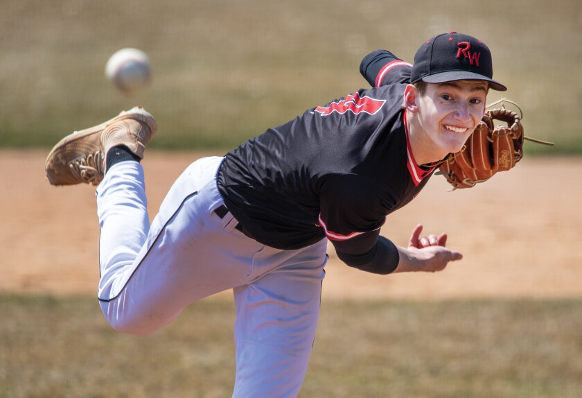 Ridgewater Warrior pitcher Reece Schwirtz throws a pitch while taking on Central Lakes College at Green Lake Baseball Diamonds in Spicer on Wednesday, April 27, 2022.