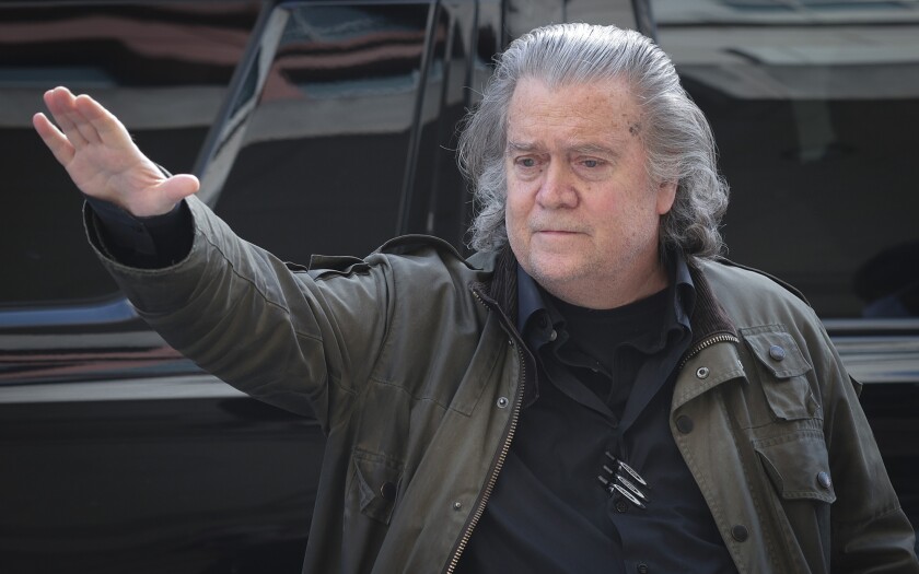 Former senior advisor to President Donald Trump Steve Bannon arrives at U.S. District Court for an appearance on Wednesday, March 16, 2022, in Washington, D.C. He's heard describing Trump's 2020 election night strategy in newly uncovered audio.