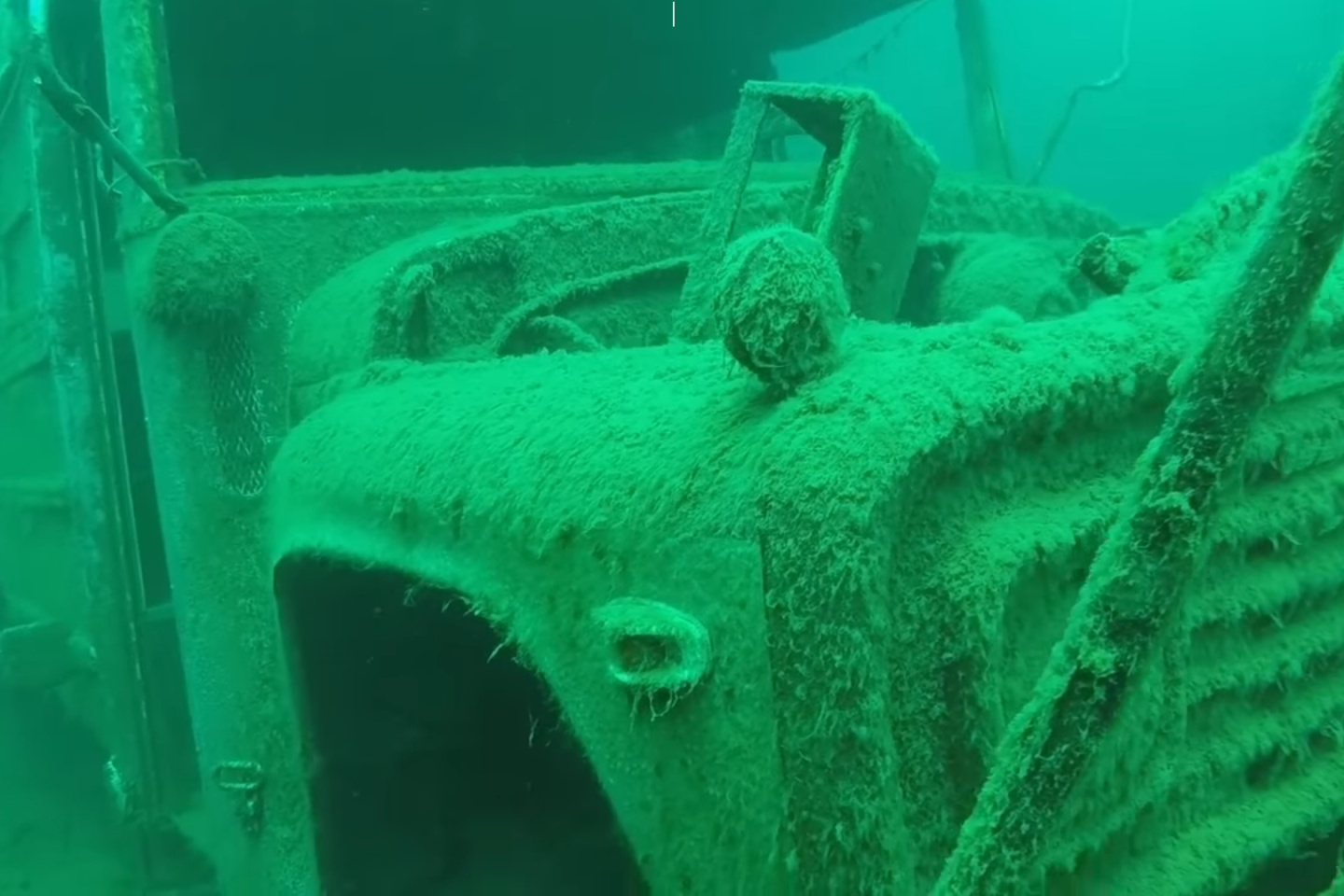 A very algae covered school bus sits under water in a lake.