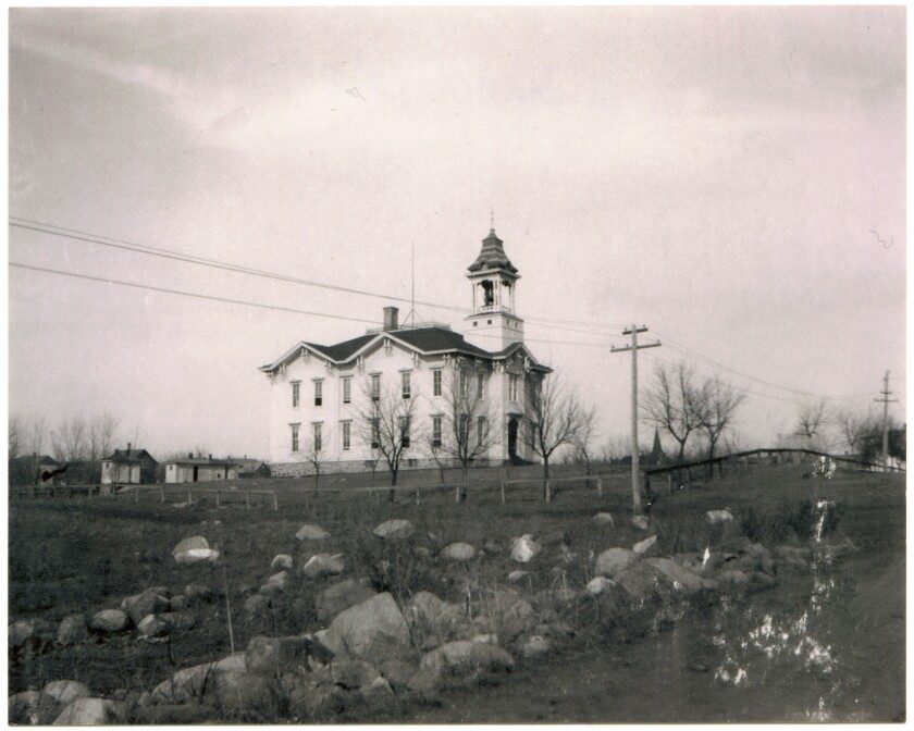 The Bush family moved from their farm in Wanggo to a location near Granite Falls so their children could attend school. "They walked the three miles to and from school, rode horses, and sometimes rode in the family's stroller." Karl Narvestad writes: "Archie Bush goes from prairie to philanthropy." Schools on the west side of Granite Falls are shown.