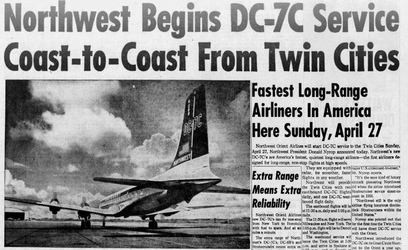 Northwest Orient announces non-stop flights to American east and west coasts in 1958. Star Tribune.jpg