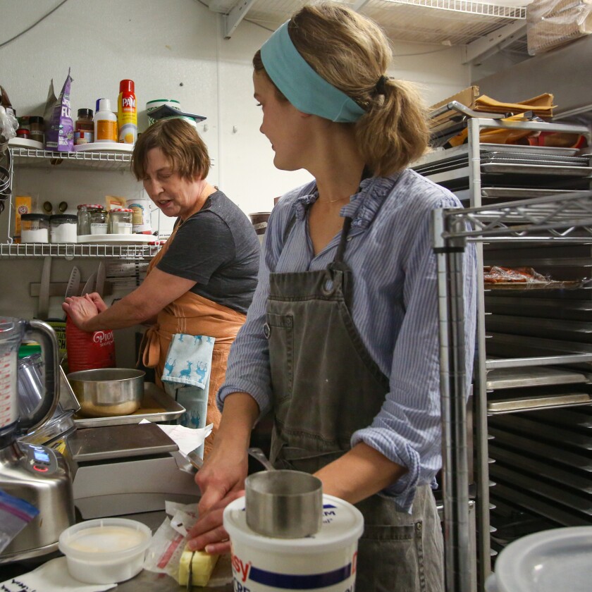 Andrea Baumgardner, left, and Sarah Strong make rugelach dough on Thursday, Nov. 20, 2025, at Michelle's Table in Fargo.